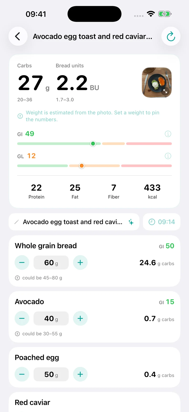 Soba meal result with estimated carbs, bread units, GI, GL and editable food portions.